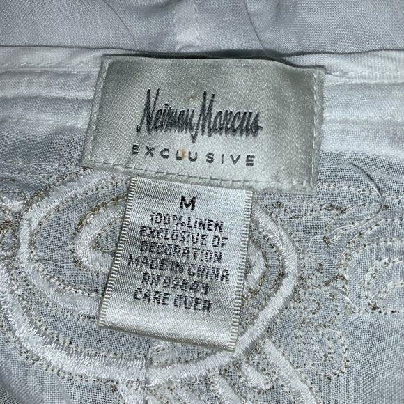 NEIMAN MARCUS EXCLUSIVE BUTTON FRONT V-NECK RUFFLED EMBROIDERED LINEN BLOUSE M - Picture 7 of 8